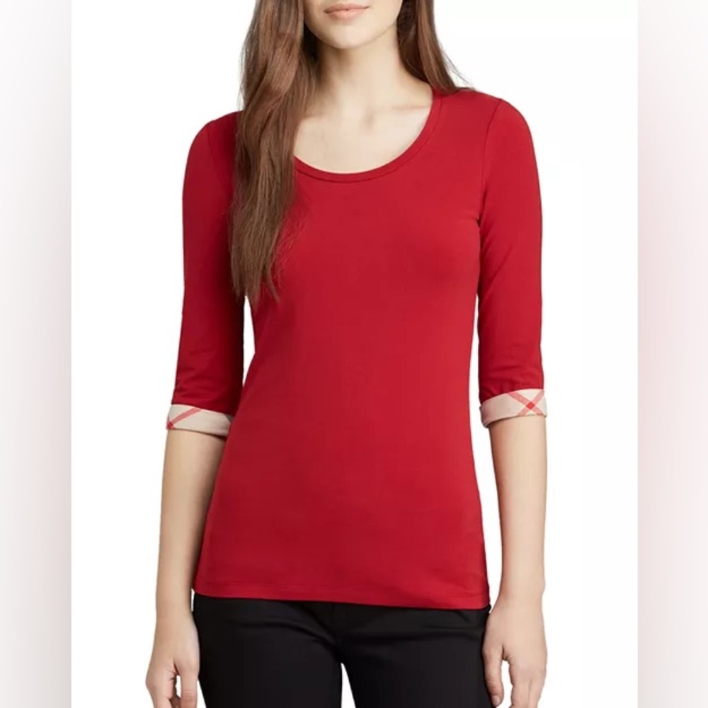 Burberry Brit 3/4-Sleeve Check-Cuff Scoop Tee Red